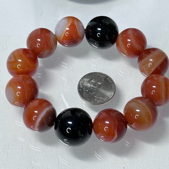ORANGE SARDONYX + BLACK ONYX NATURAL STONES BRACELET size 7” - Picture 7 of 15